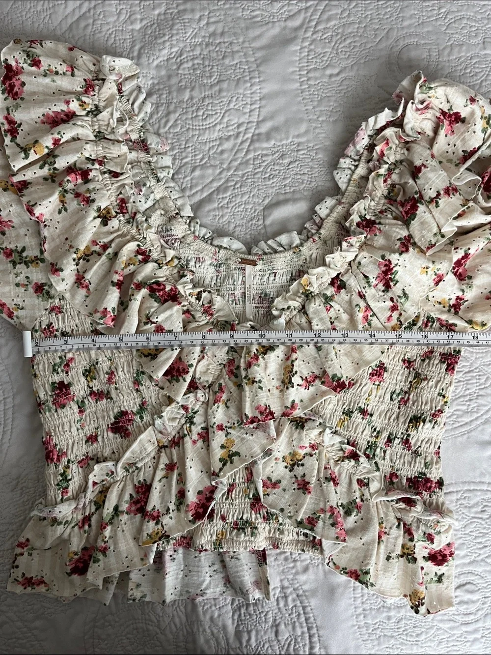 Free People Favorite Girl Smocked Floral Crop Top Cream Ruffle Shabby Chic M